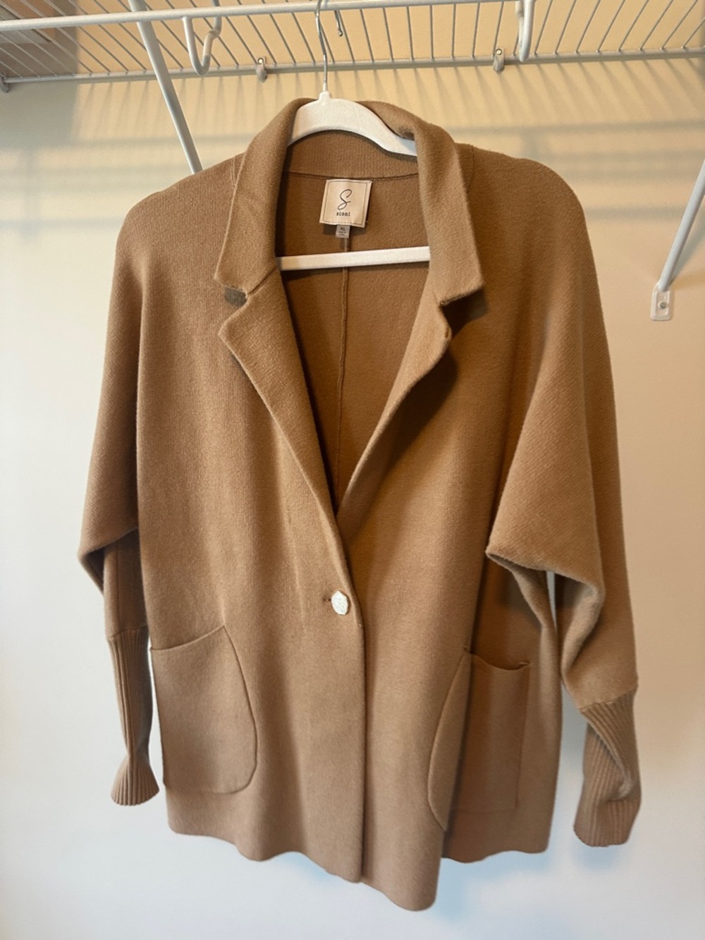 Sioni Camel Brown Knit Blazer with Patch Pockets